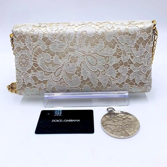 Auth Dolce & Gabbana Floral Lace Taormina Clutch Gold Silver Chains Straps - Picture 13 of 16